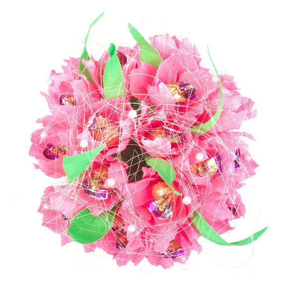 Paper artificial flowers with candy, isolated on white — Stock Photo, Image