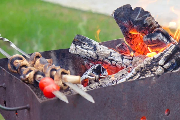 Помидоры и грибы на гриле в огне — стоковое фото