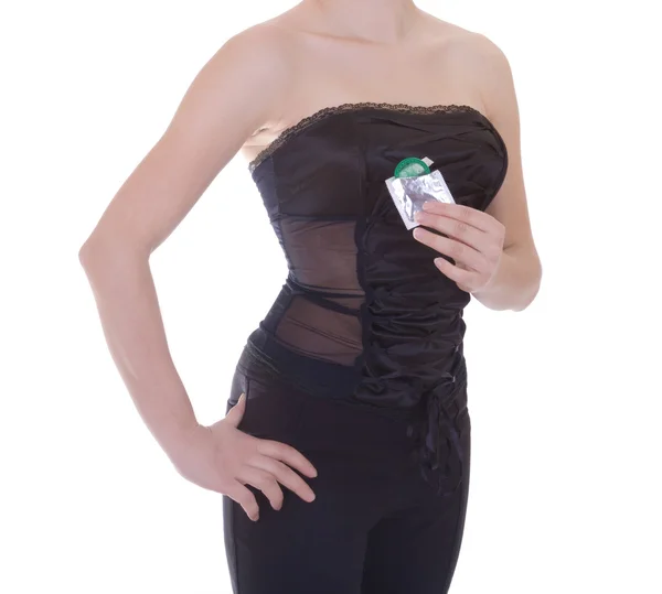Frau in schwarzem Kondom, isoliert auf weiß — Stockfoto