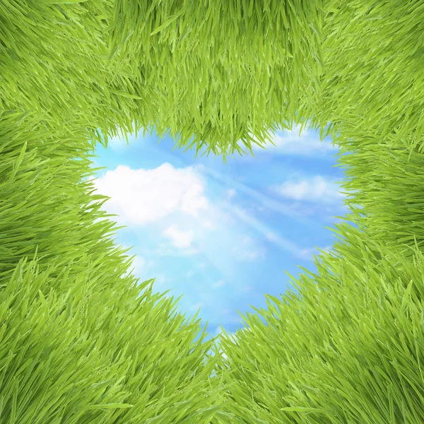 Grünes Gras Herzrahmen auf Himmel Hintergrund — Stockfoto