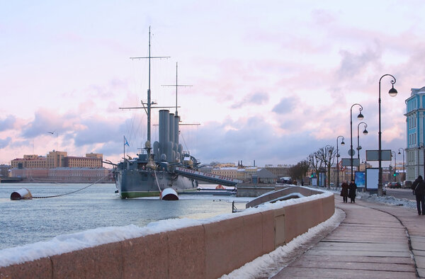 Cruiser Aurora (Warship museum) and Neva embankment. St. Petersb