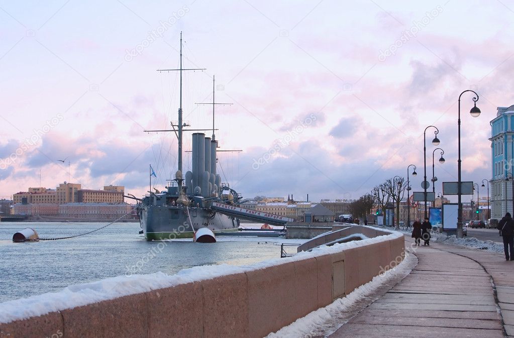 Cruiser Aurora (Warship museum) and Neva embankment. St. Petersb