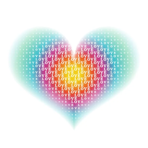"amor "caracteres de la palabra en gradiente arco iris corazón forma backgroun — Vector de stock