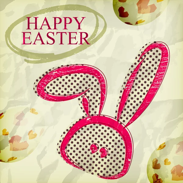 Grunge feliz tarjeta de felicitación de Pascua, huevos de conejo — Vector de stock