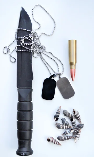 Vojenská sada s nožem a psí známky — Stock fotografie