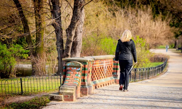 Mulher atraente caminhadas nórdicas na primavera — Fotografia de Stock