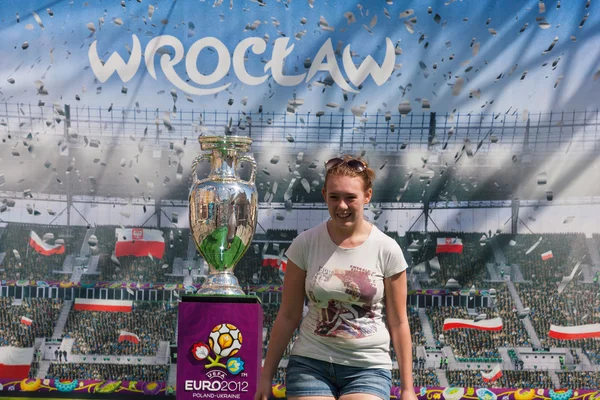 2012, May, 5th, Wroclaw in Poland - Posing in front of famous UEFA CUP — Stock Photo, Image