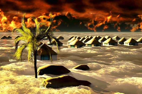 Tsunami ničí bungalovy — Stock fotografie