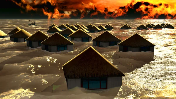 Tsunami destroying bungalows — Stock Photo, Image