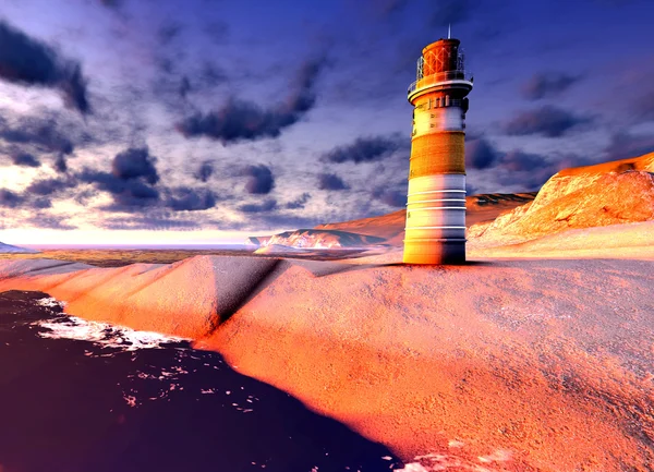 Beautiful lighthouse by the ocean at sunset — Stock Photo, Image