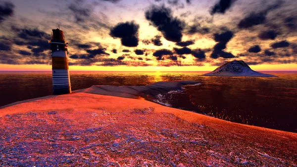 Красивый маяк у океана на закате — стоковое фото