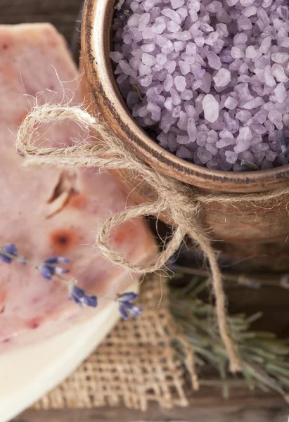 Spa salt, lavender and soaps — Stock Photo, Image