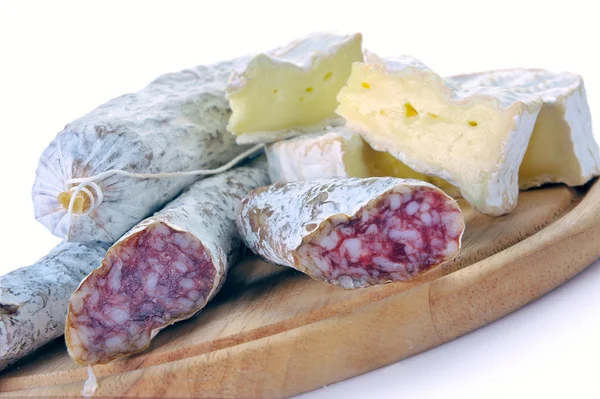 stock image Sausage salami and cheese camembert