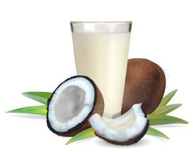 Coconuts and a glass of coconut milk clipart