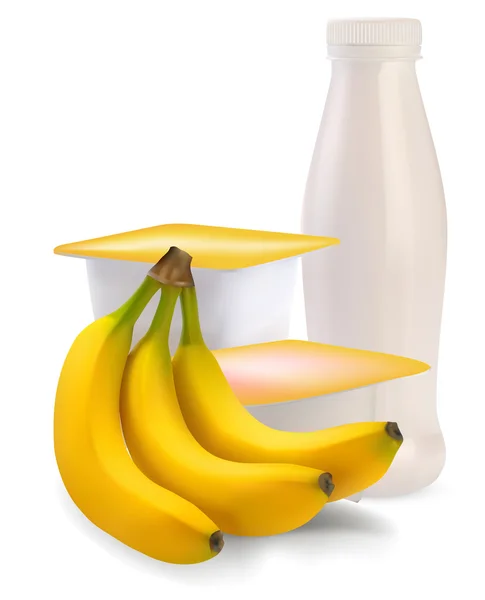 Yogurt in separate boxes and banana — Stock Vector