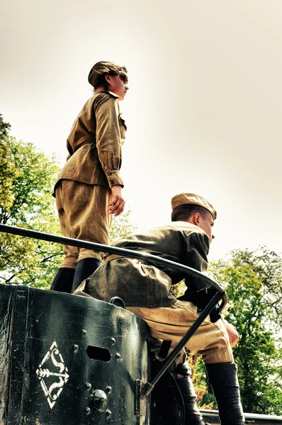 stock image Young soldiers of Red Army on fighting transport