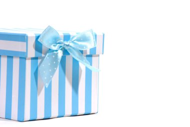 Gift box with blue and white tie, white background clipart