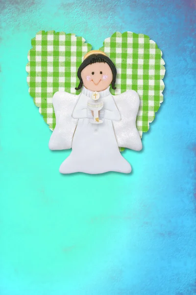 Cartão de primeira comunhão alegre, anjo e coração — Fotografia de Stock