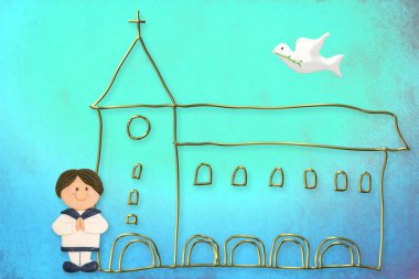 First communion card, cute brown hair boy sailor suit clipart