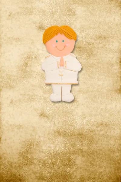 Senkrechte Karte Erstkommunion, lustiger blonder Junge — Stockfoto