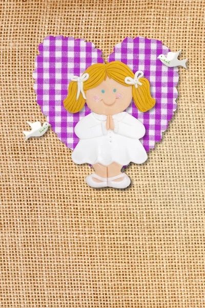 First Holy Communion Invitation Card, rustic style, funny blond girl — Stock Photo, Image