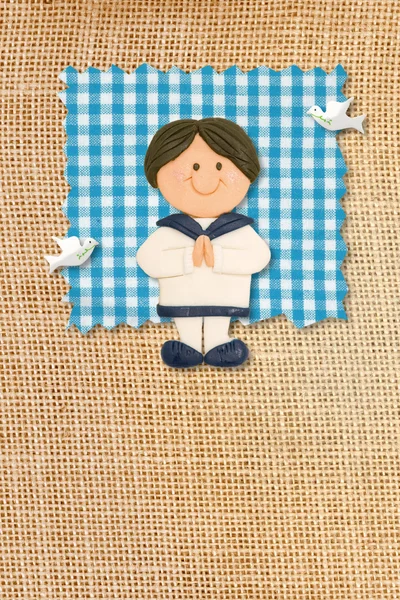 Primeira Santa Comunhão Convite Cartão, estilo rústico, engraçado morena menino — Fotografia de Stock