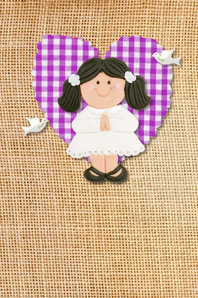 First Holy Communion Invitation Card, rustic style, funny brunette girl — Stock Photo, Image