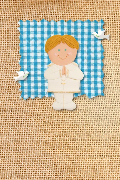 First Holy Communion Invitation Card, rustic style, funny blonde boy — Stock Photo, Image