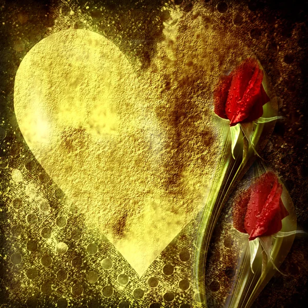 Aşk, kalp ve kırmızı gül goncası arka planı — Stok fotoğraf