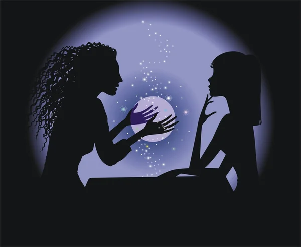 Silhouette spåkvinna och flicka med en magisk boll — Stock vektor