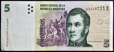 ARGENTINA - CIRCA 2003: Jose de San Martin on 5 Pesos 2003 Banknote from Argentina, circa 2003 clipart