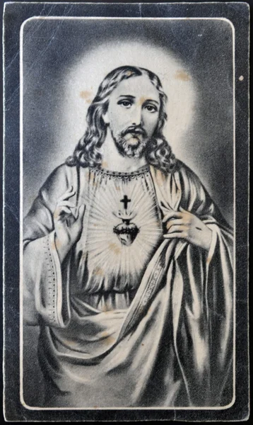 Španělsko - cca 1949: pohlednice, tištěné ve Španělsku ukazuje Nejsvětějšího srdce Ježíšova, cca 1949 — Stock fotografie