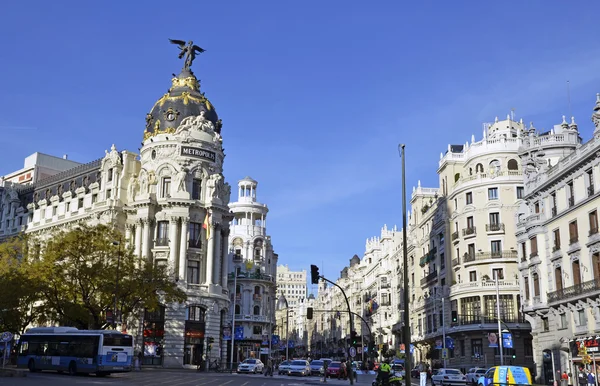 Pohled na gran via v Madridu, Španělsko — Stock fotografie