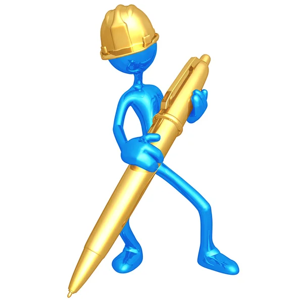 Byggnadsarbetare med guld penna — Stockfoto