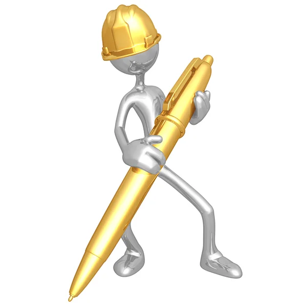 Pracownik budowlany z złote pióro — Zdjęcie stockowe