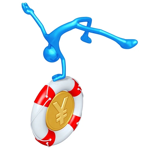 Personaje 3D con Lifebuoy Yen Coin — Foto de Stock