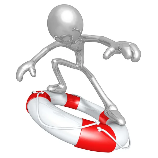 3D Character Surfing On Lifebuoy — Stock Photo, Image