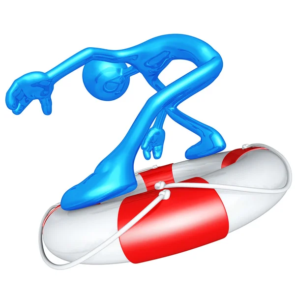 Personaje 3D Surfeando en Lifebuoy — Foto de Stock