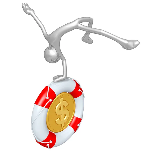 3D-Charakter mit Rettungsring-Dollarmünze — Stockfoto