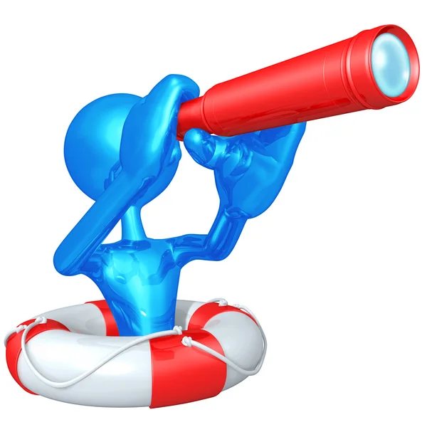 3D Character In Lifebuoy With Telescope — Stock Photo, Image