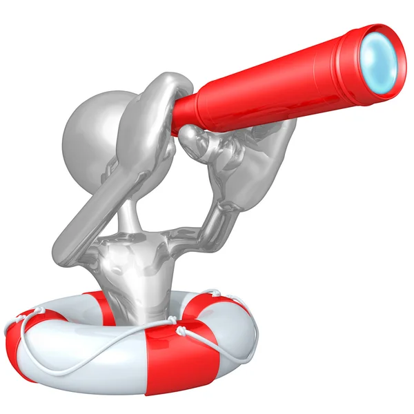 3D Character In Lifebuoy With Telescope — Stock Photo, Image