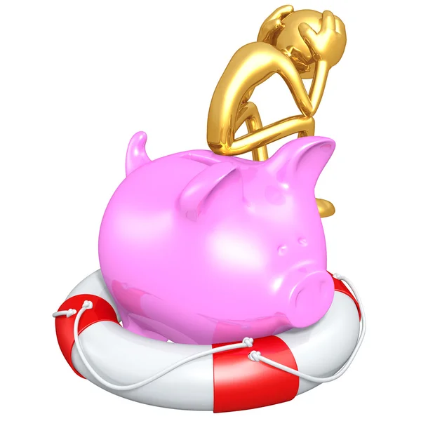Chico de oro con salvavidas Piggy Bank — Foto de Stock