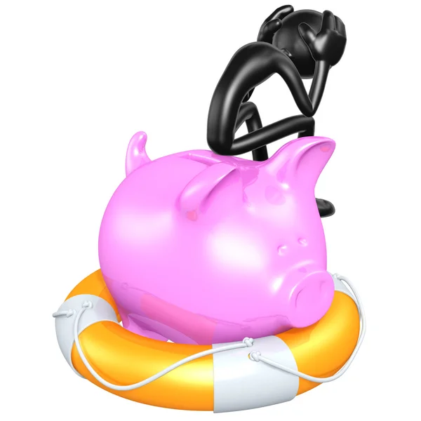 3D-Charakter mit Rettungsring Sparschwein — Stockfoto