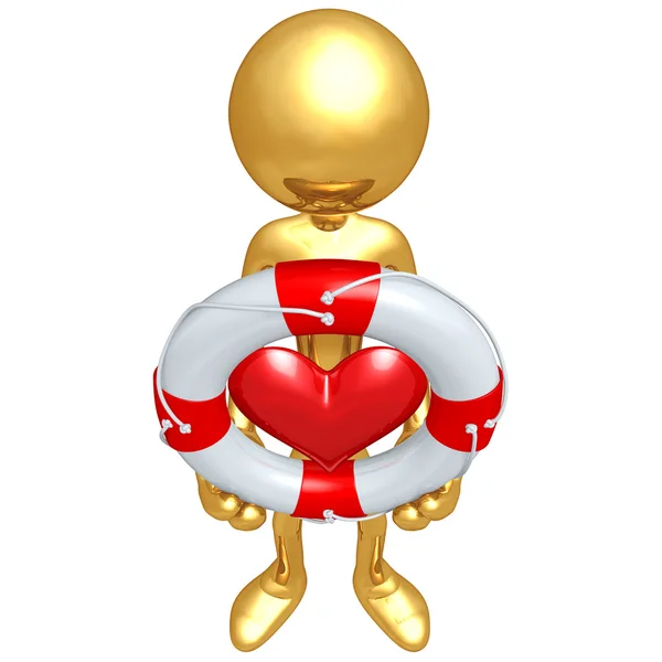 Gold Guy With Lifebuoy Heart — Stock Photo, Image