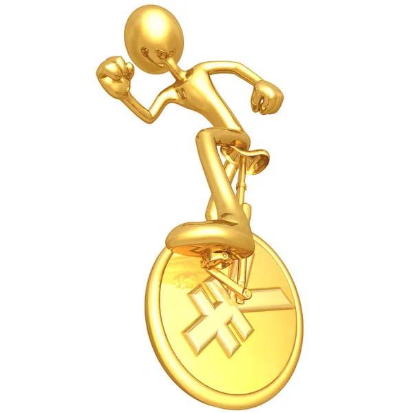 Gold Guy On Yen Coin Unicycle — Stock Photo, Image