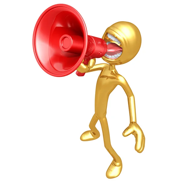 Zlatý chlap křičí do megafonu — Stock fotografie