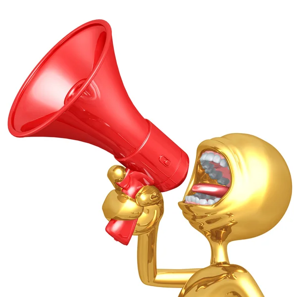 Gold Guy Screaming Into Megaphone — Stock Photo, Image