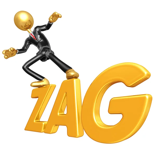 Gold Guy Businessman Character Surfing On Zag — Stock Photo, Image