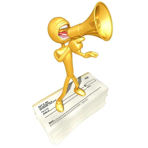 Gold Guy With Blank Checks — Stock Photo, Image