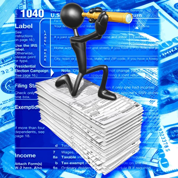 Carácter 3D con formularios fiscales — Foto de Stock